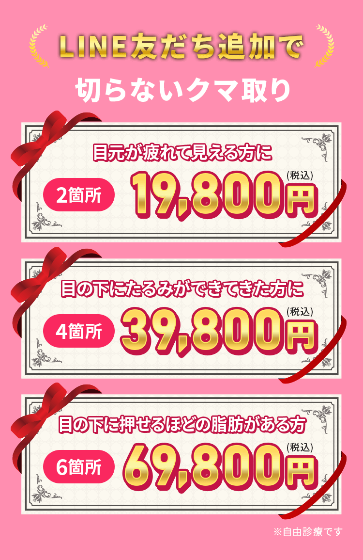 切らないクマ取り 2箇所19,800円(税込)4箇所39,800円(税込)6箇所69,800円(税込)
